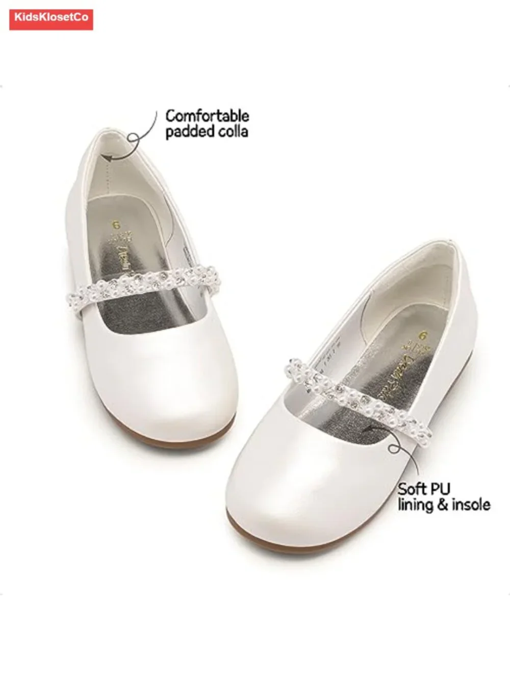 Girls Mary Jane Dress Shoes Ballerina Flats with Pearls and Rhinestones for
